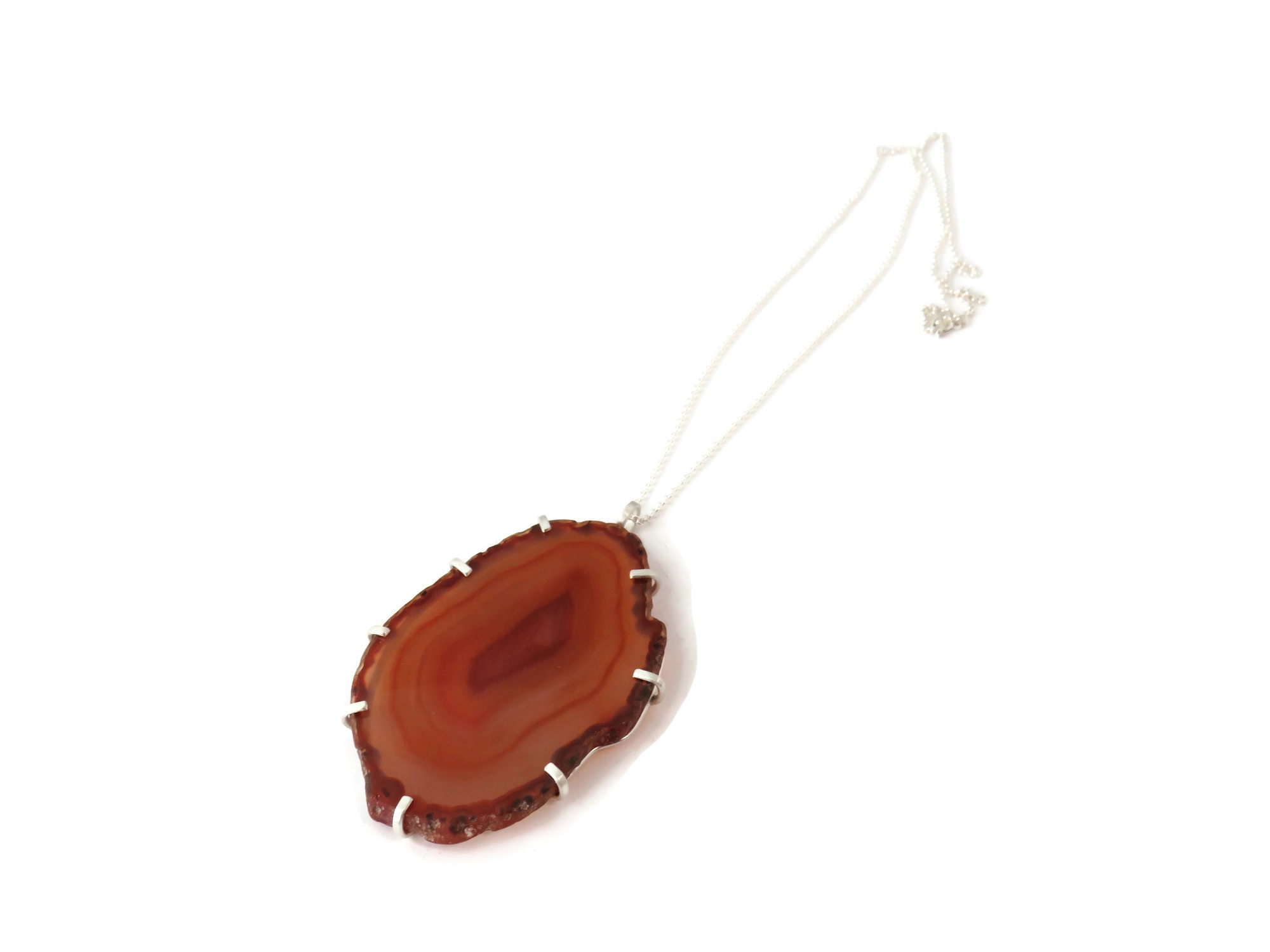 Large Agate Silver Pendant Necklace