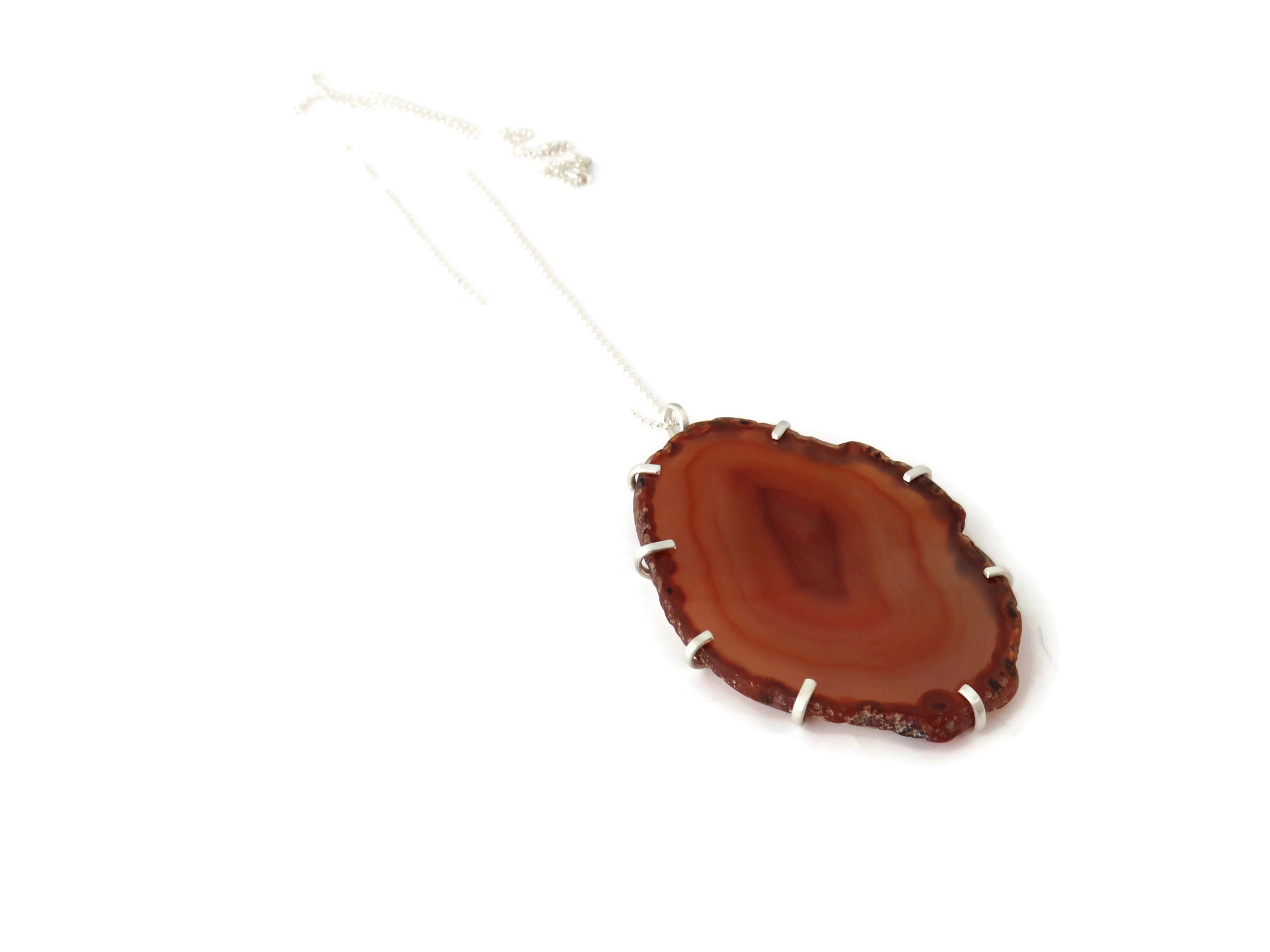 Large Agate Silver Pendant Necklace