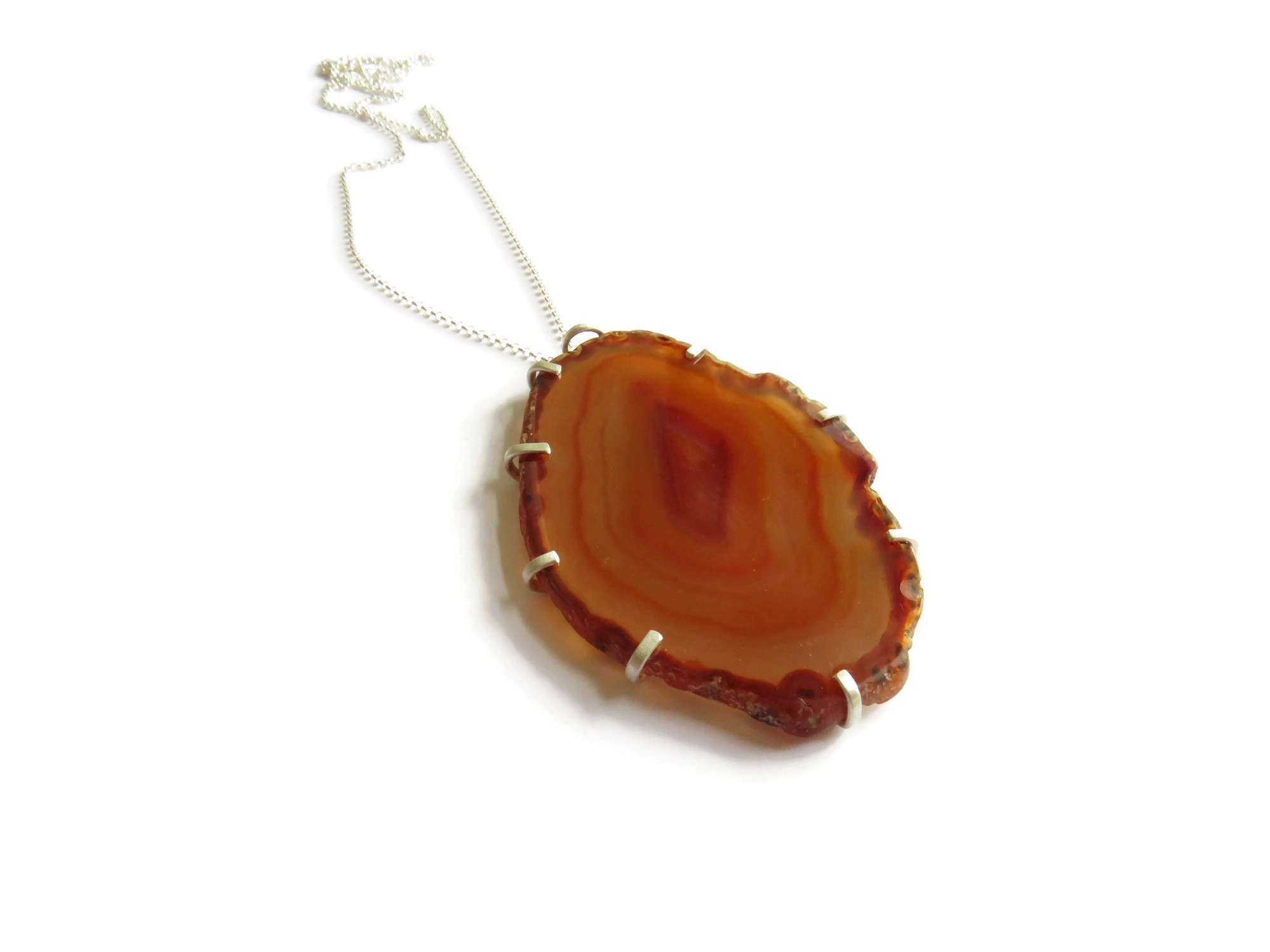 Large Agate Silver Pendant Necklace