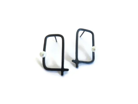 Oxidized Silver Geometric Earrings with Freshwater Pearl