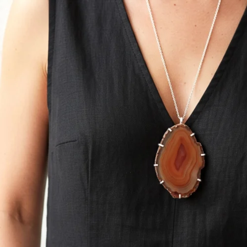 Large Agate Silver Pendant Necklace