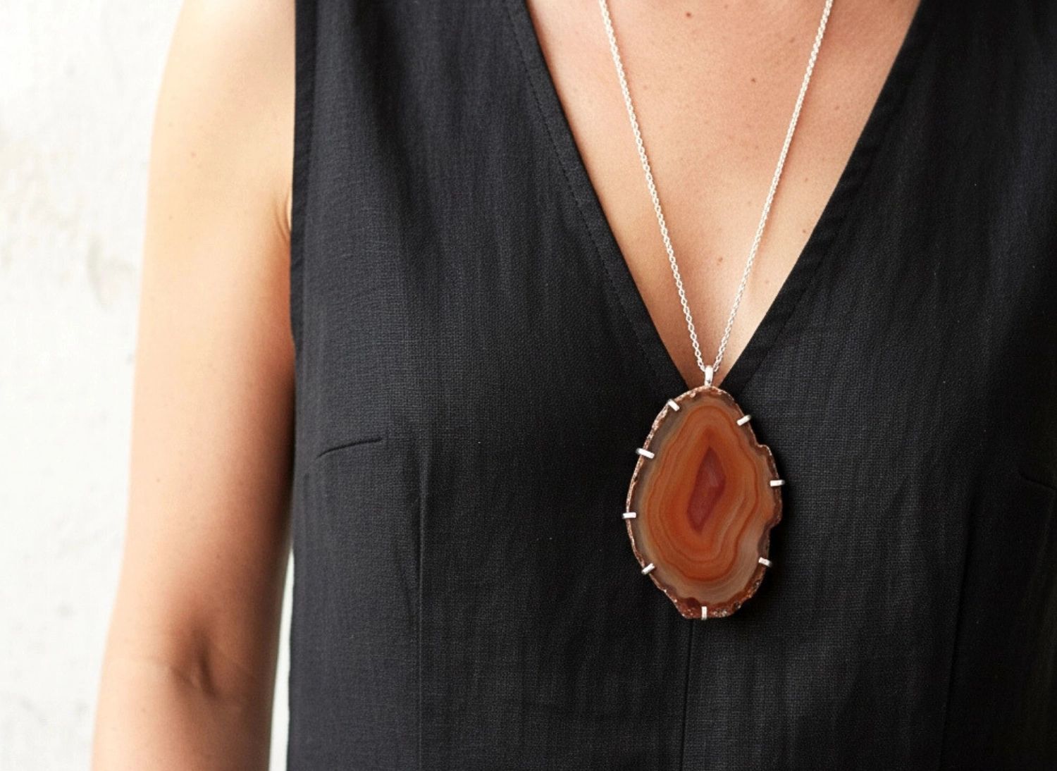 Large Agate Silver Pendant Necklace