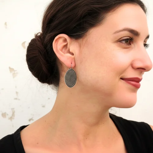 Embossed Pattern Oxidized Silver Dangle Earrings