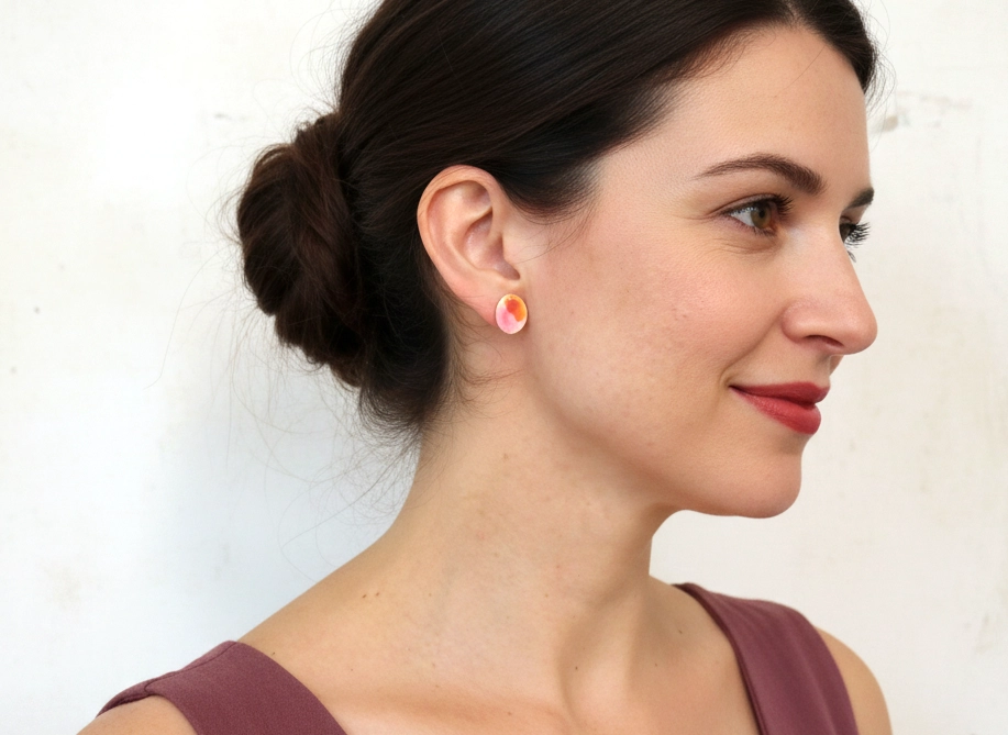 Pink Enameled Brass Stud Earrings