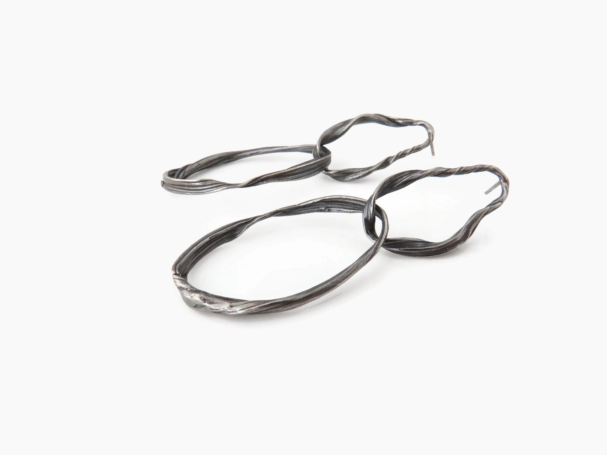 Long Sculptural Oxidized Silver Earrings