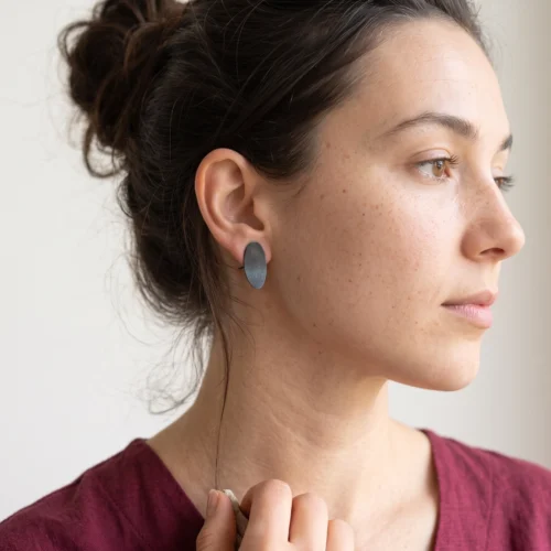 Oxidized Silver Oval Stud Earrings