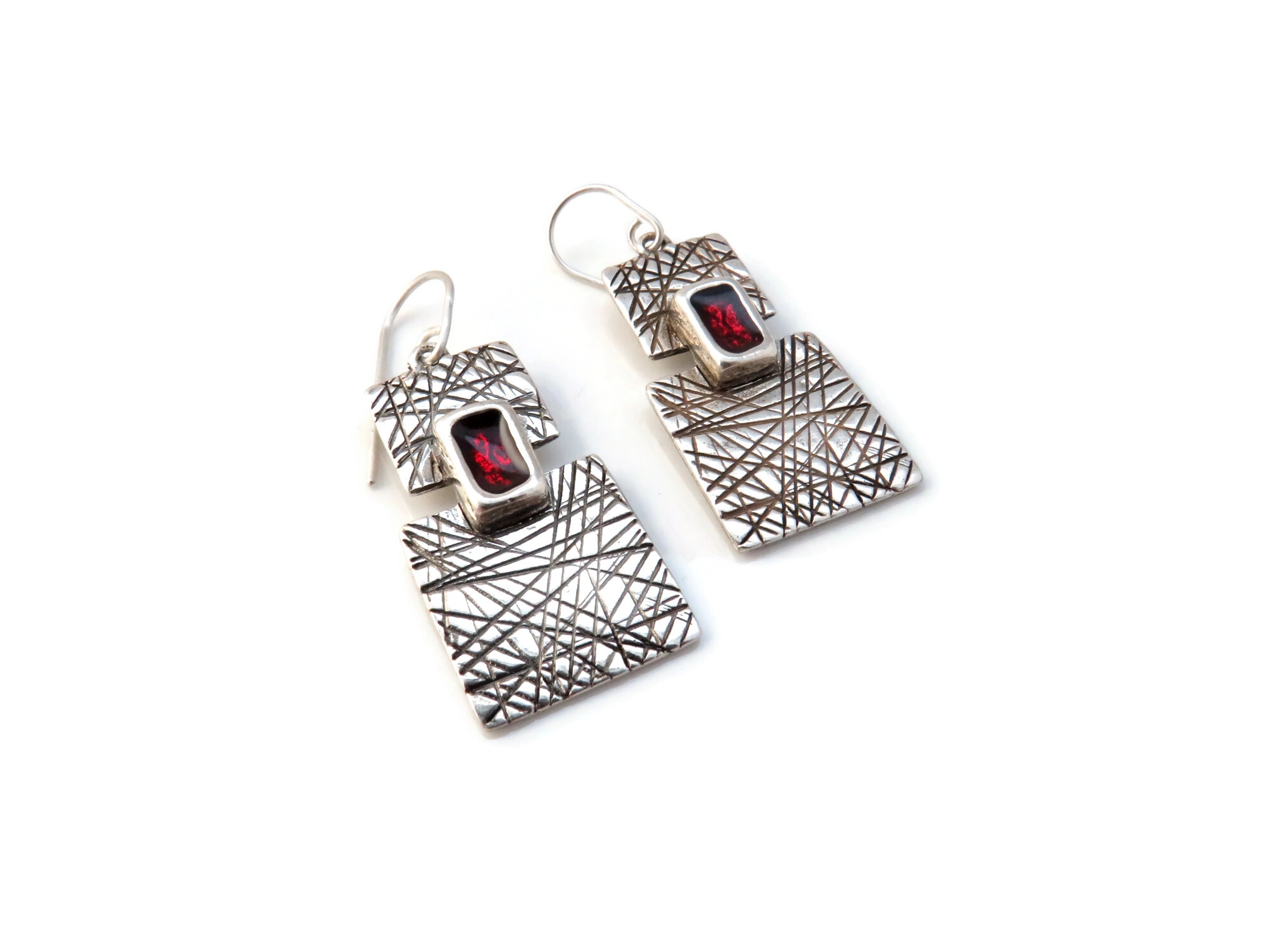 Silver Plated Red Enamel Dangle Earrings