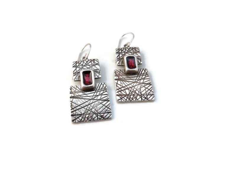 Silver Plated Red Enamel Dangle Earrings