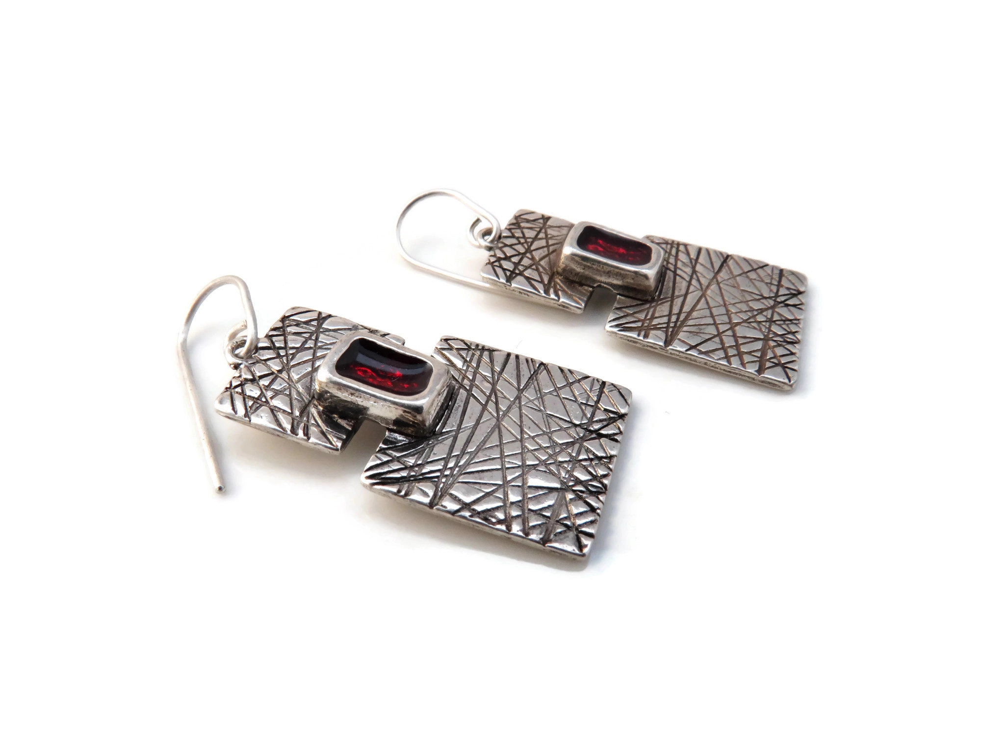 Silver Plated Red Enamel Dangle Earrings