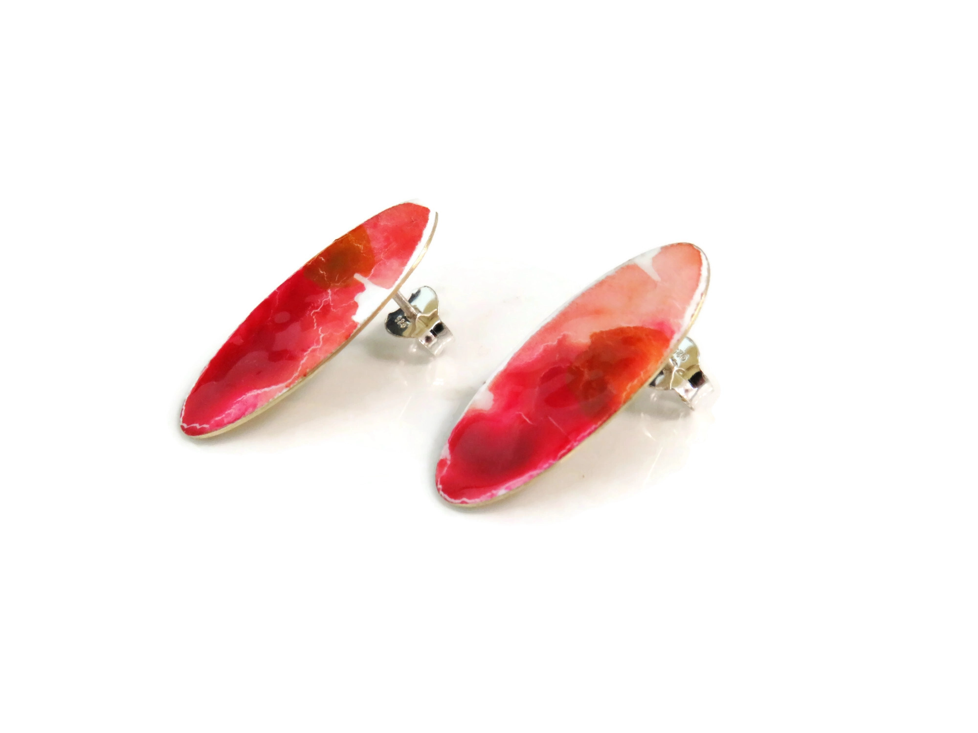 Hand-Painted Red Enamel Stud Earrings