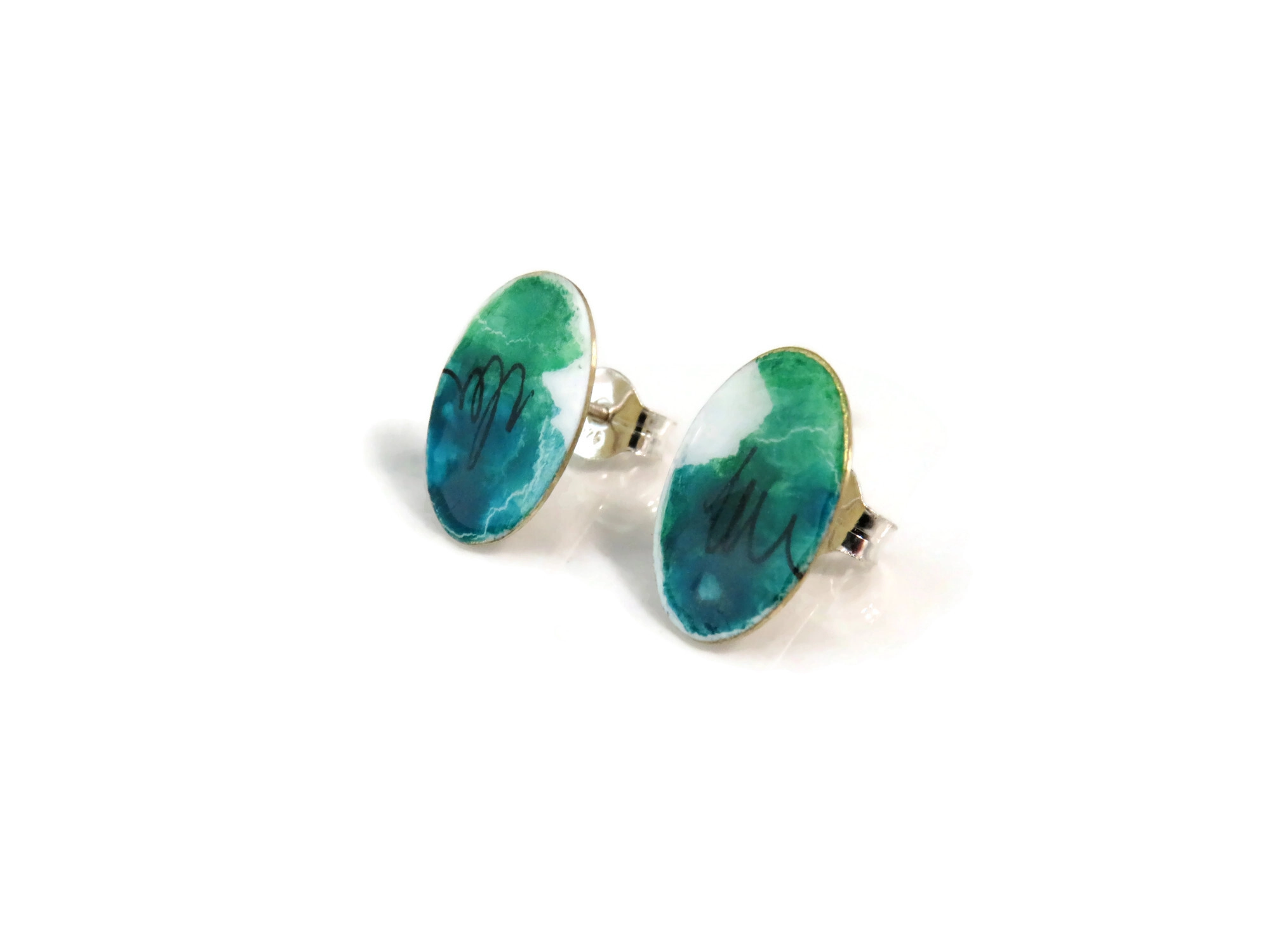 Blue and Green Enamel Stud Earrings