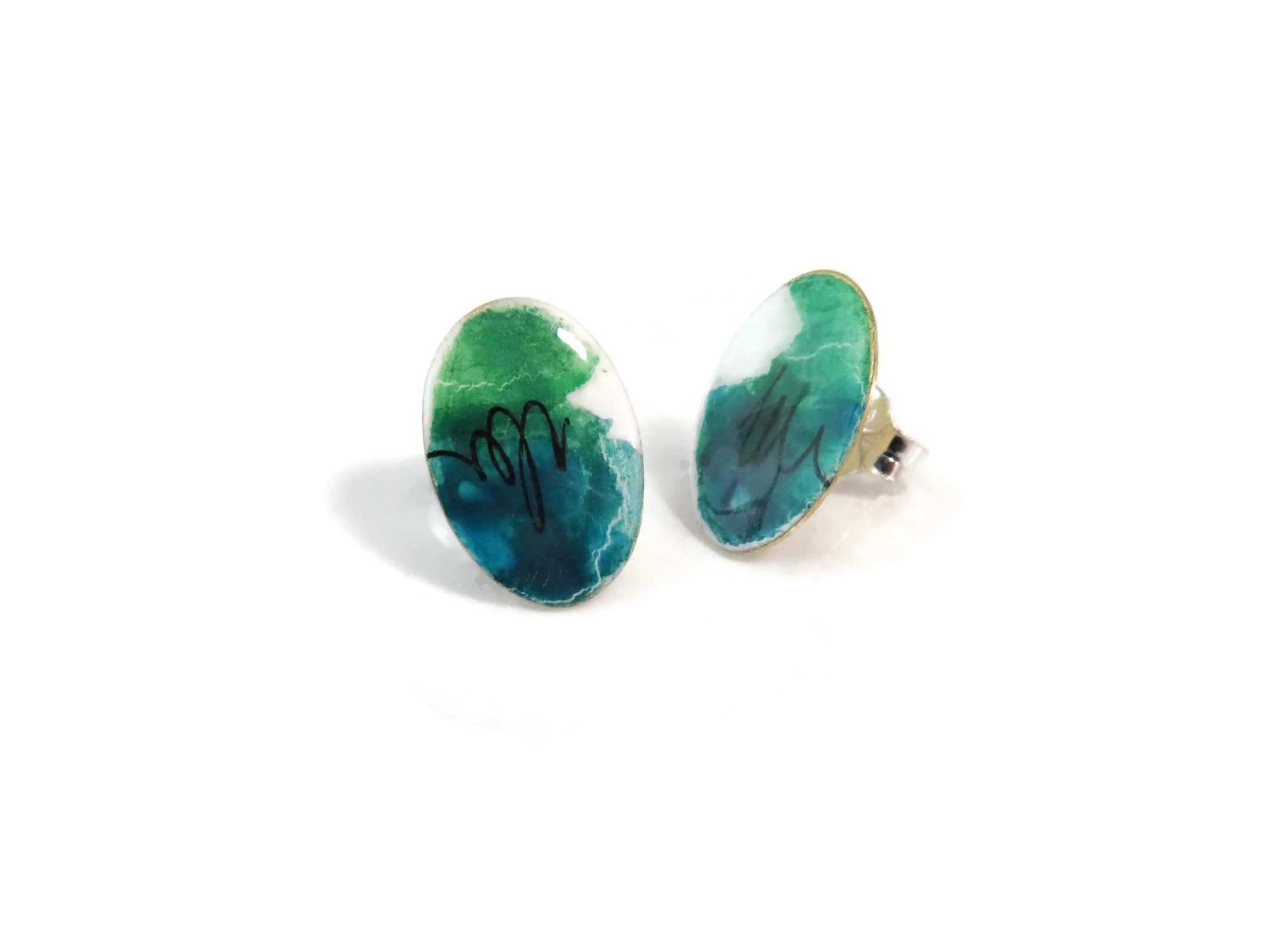 Blue and Green Enamel Stud Earrings