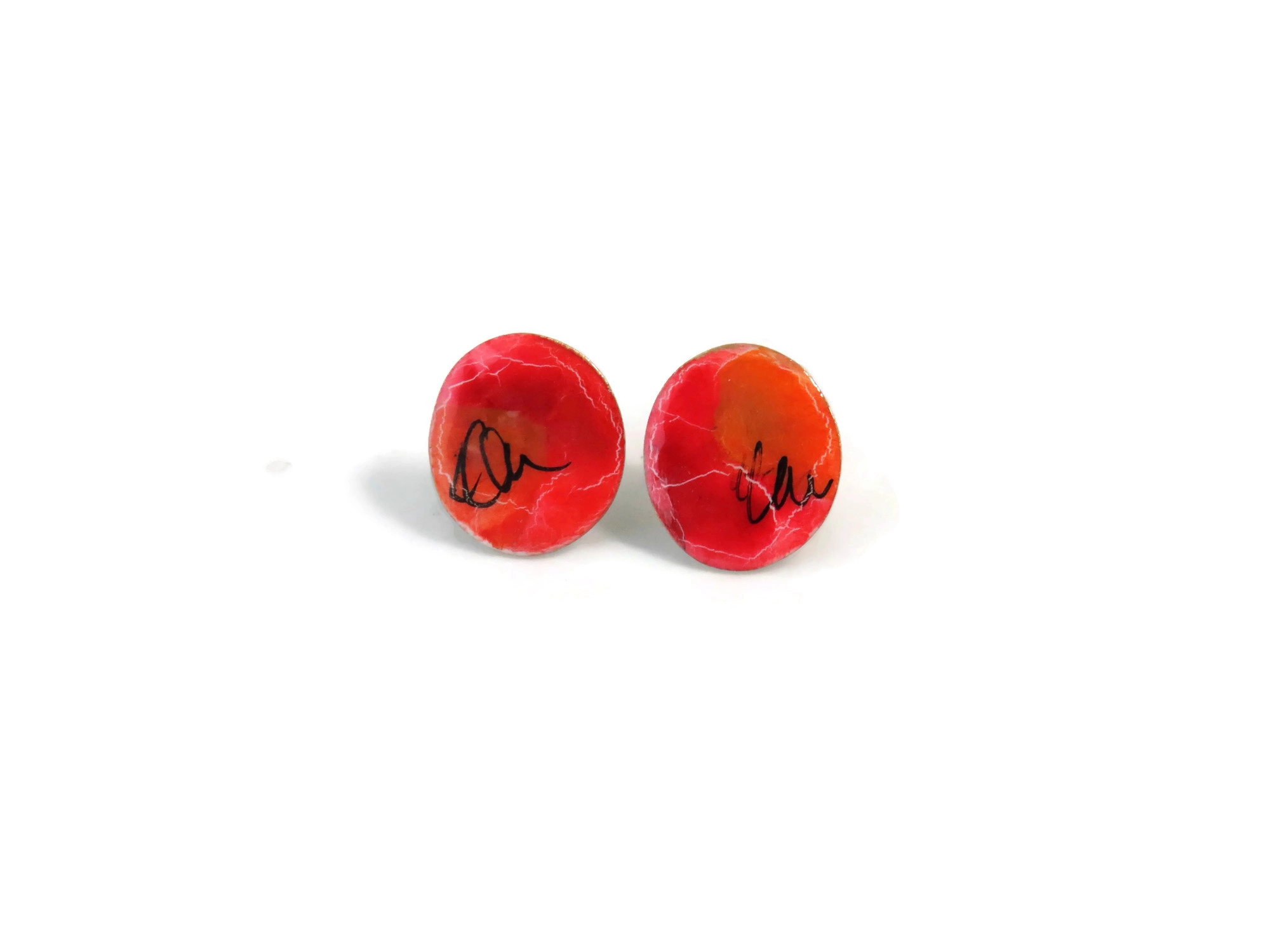 Small Hand Painted Red Enamel Stud Earrings