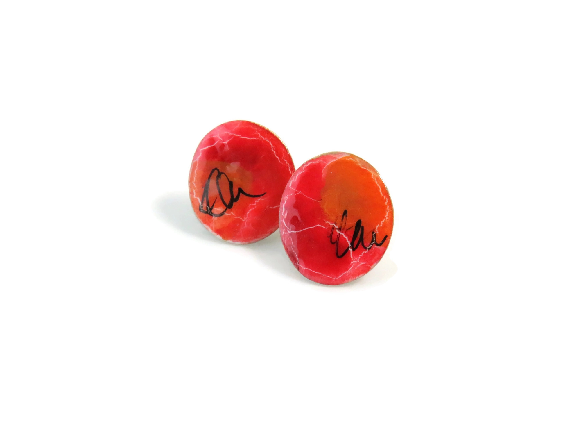Small Hand Painted Red Enamel Stud Earrings