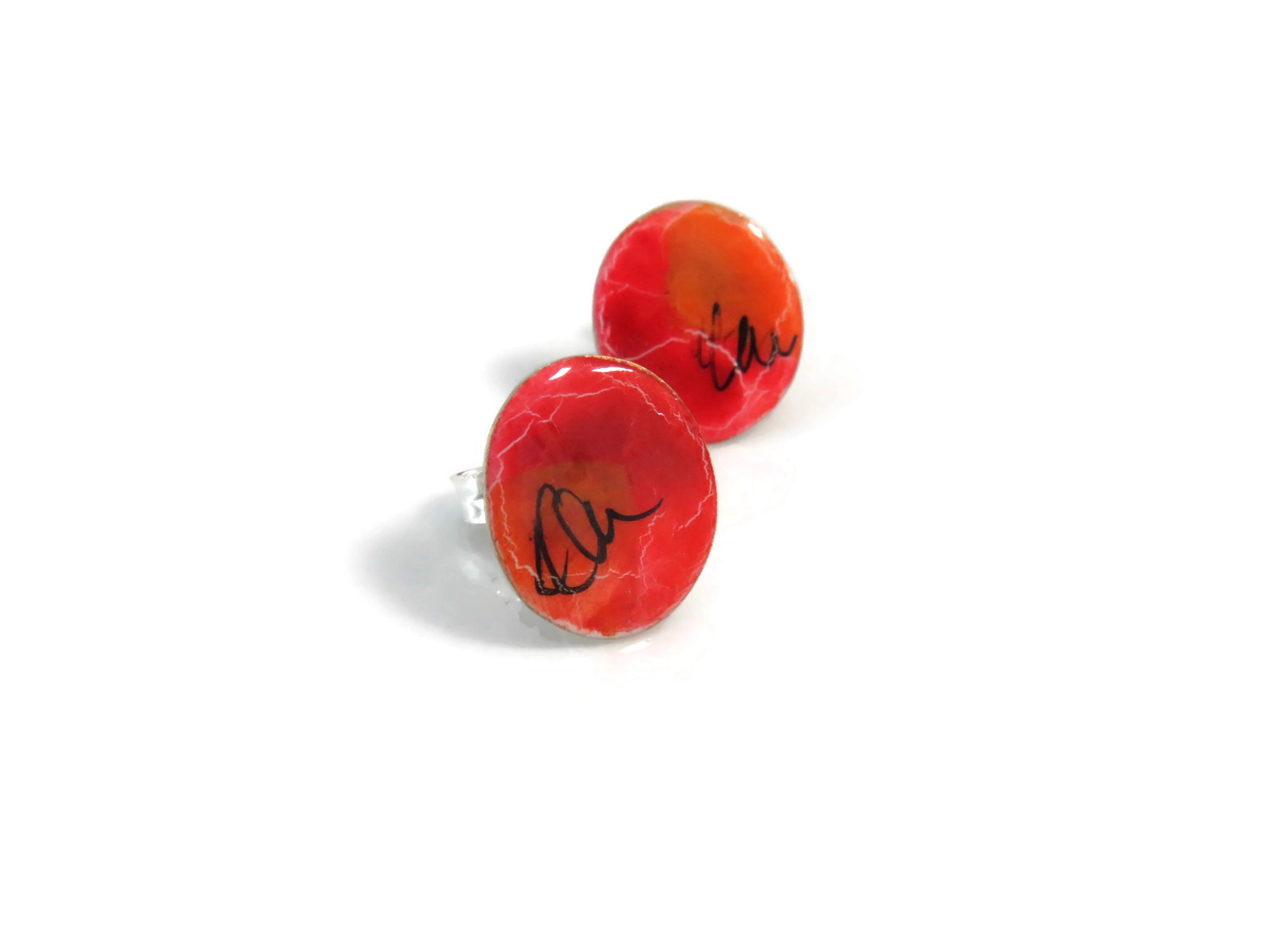 Small Hand Painted Red Enamel Stud Earrings