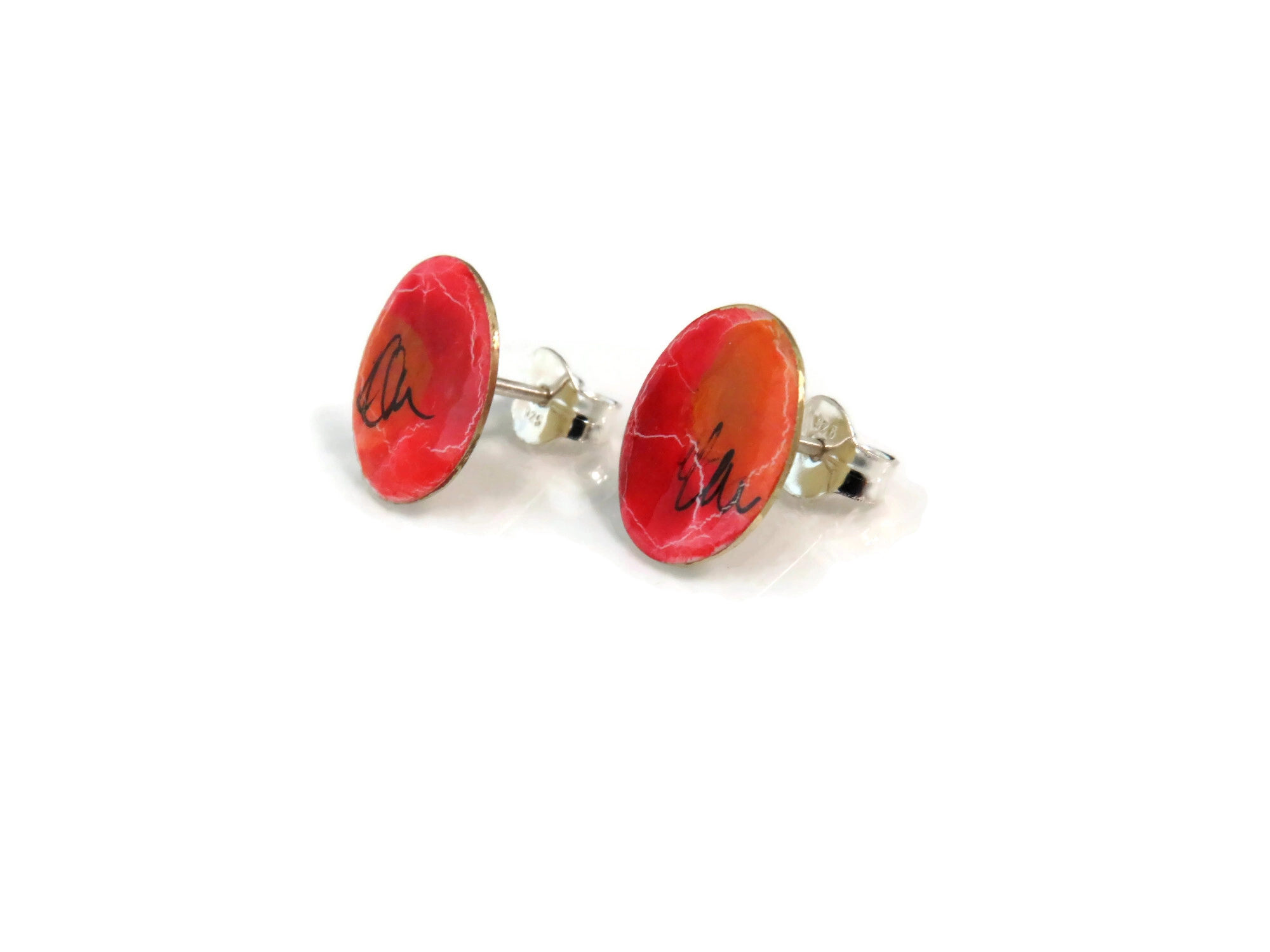 Small Hand Painted Red Enamel Stud Earrings