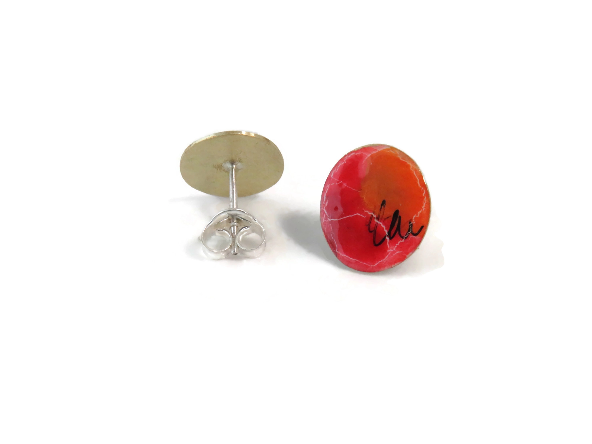 Small Hand Painted Red Enamel Stud Earrings