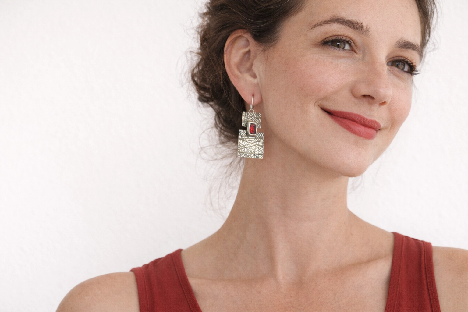 Silver Plated Red Enamel Dangle Earrings