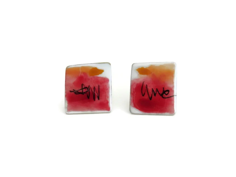 Square Red Enamel Stud Earrings