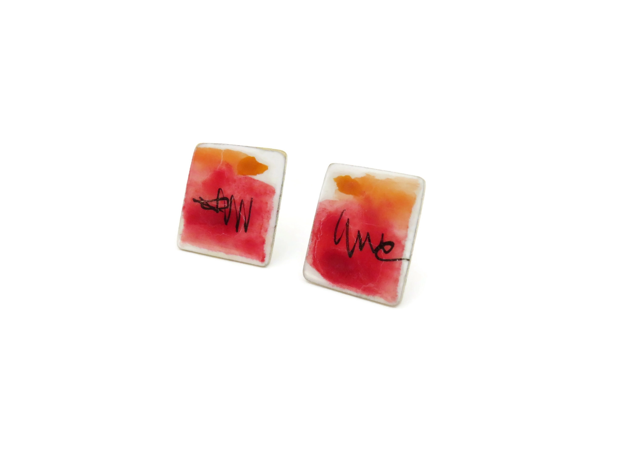 Square Red Enamel Stud Earrings