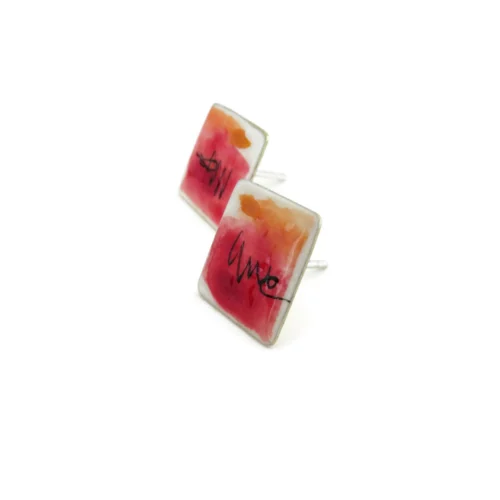 Square Red Enamel Stud Earrings