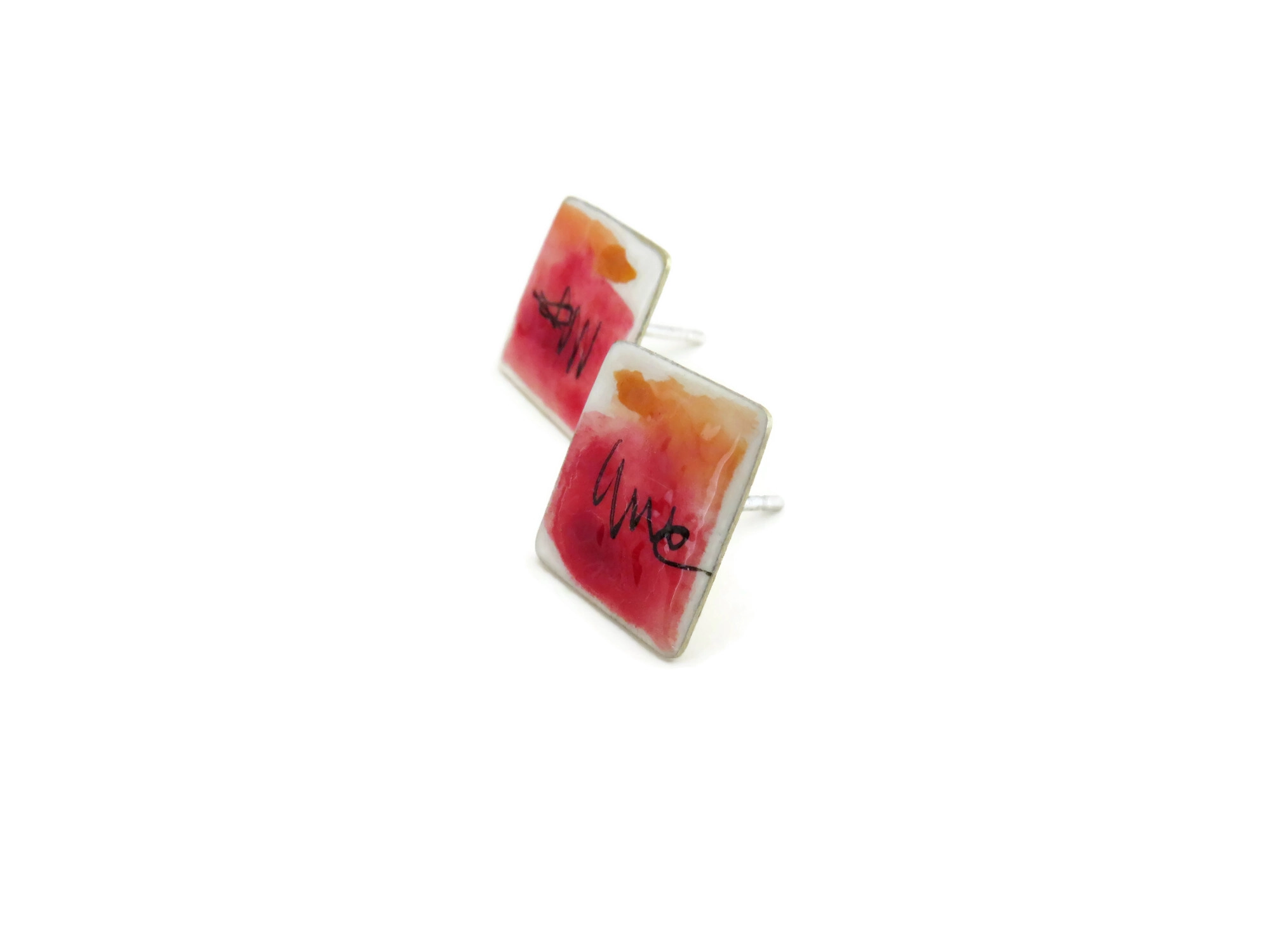 Square Red Enamel Stud Earrings