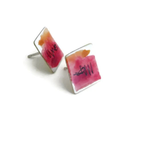 Square Red Enamel Stud Earrings
