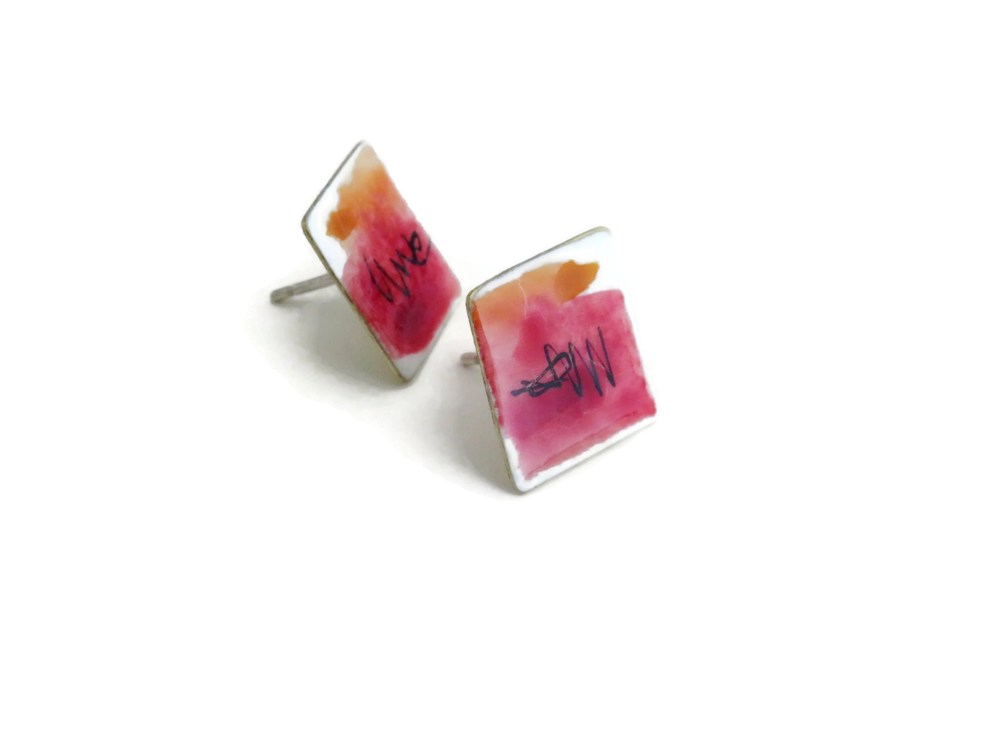 Square Red Enamel Stud Earrings