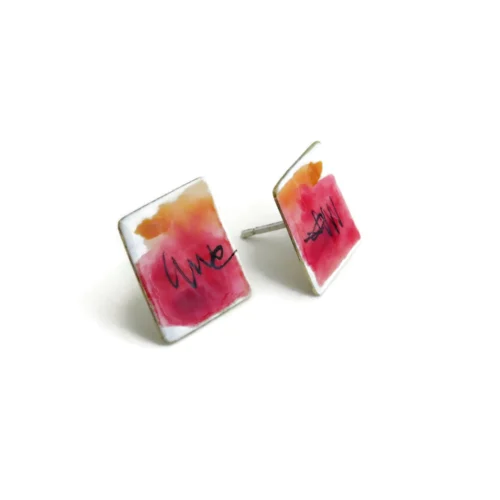 Square Red Enamel Stud Earrings