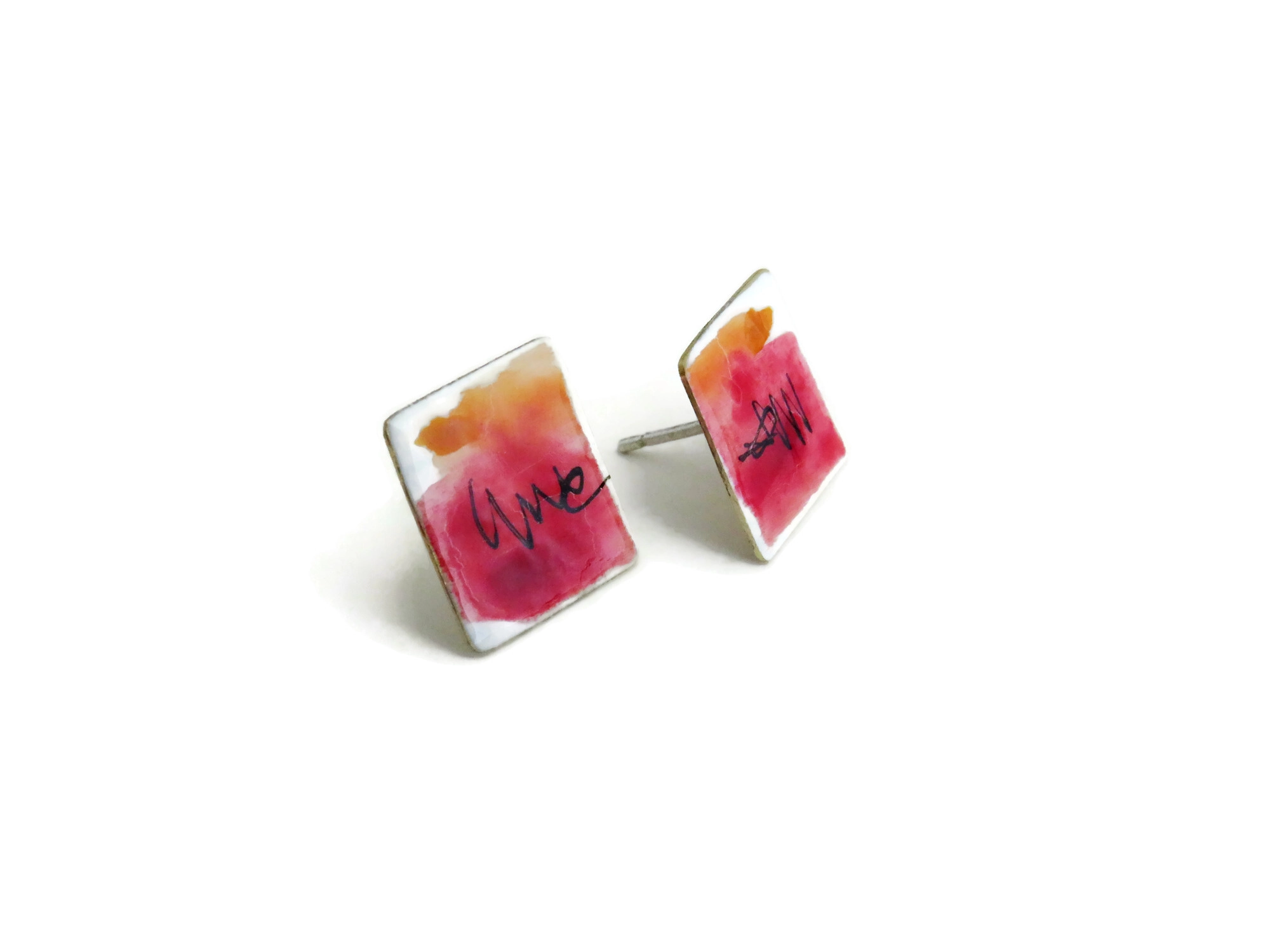 Square Red Enamel Stud Earrings