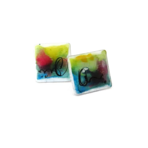 Hand Painted Enamel Square Stud Earrings