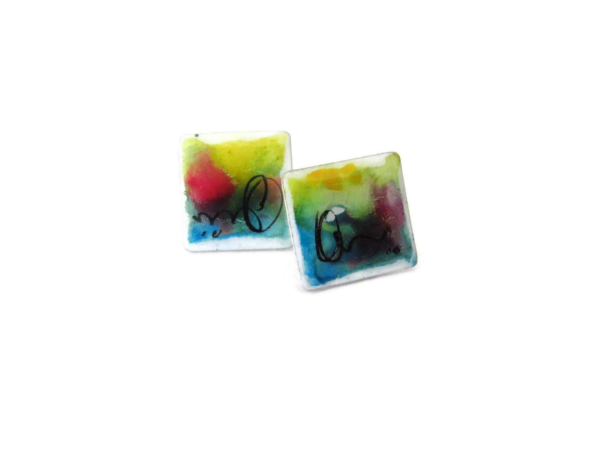 Hand Painted Enamel Square Stud Earrings