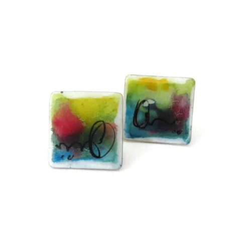 Hand Painted Enamel Square Stud Earrings