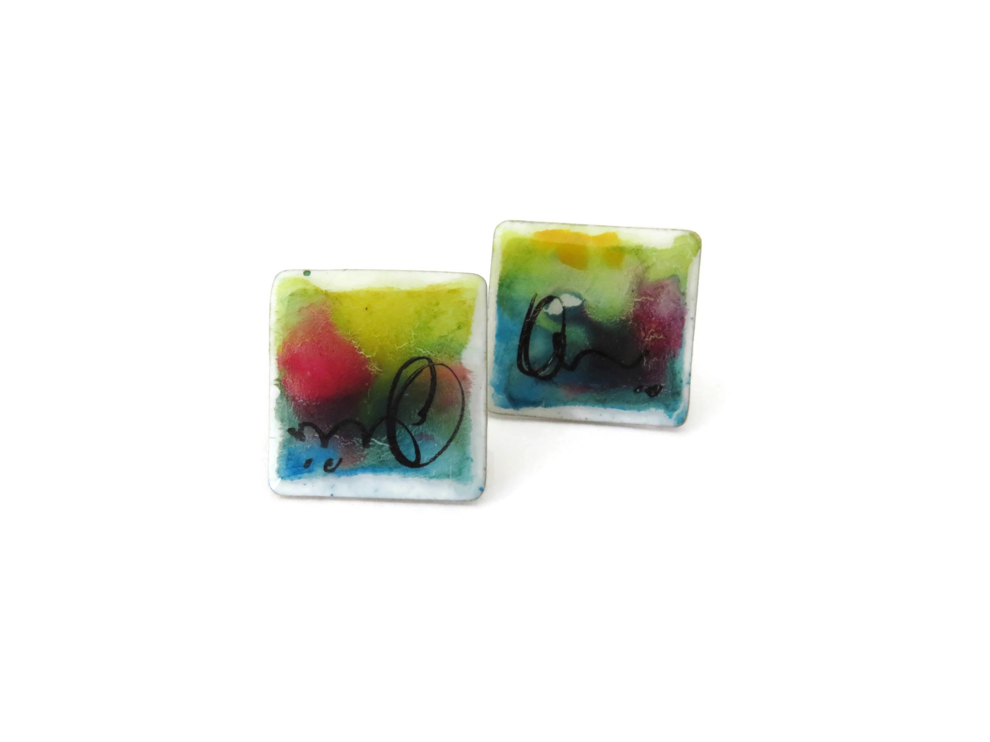 Hand Painted Enamel Square Stud Earrings