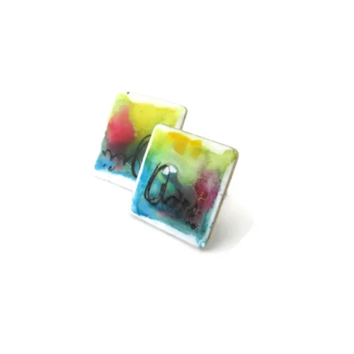 Hand Painted Enamel Square Stud Earrings