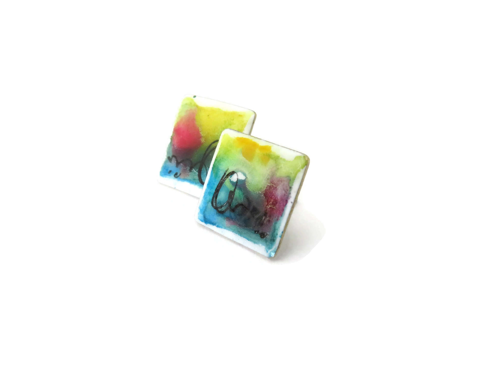 Hand Painted Enamel Square Stud Earrings