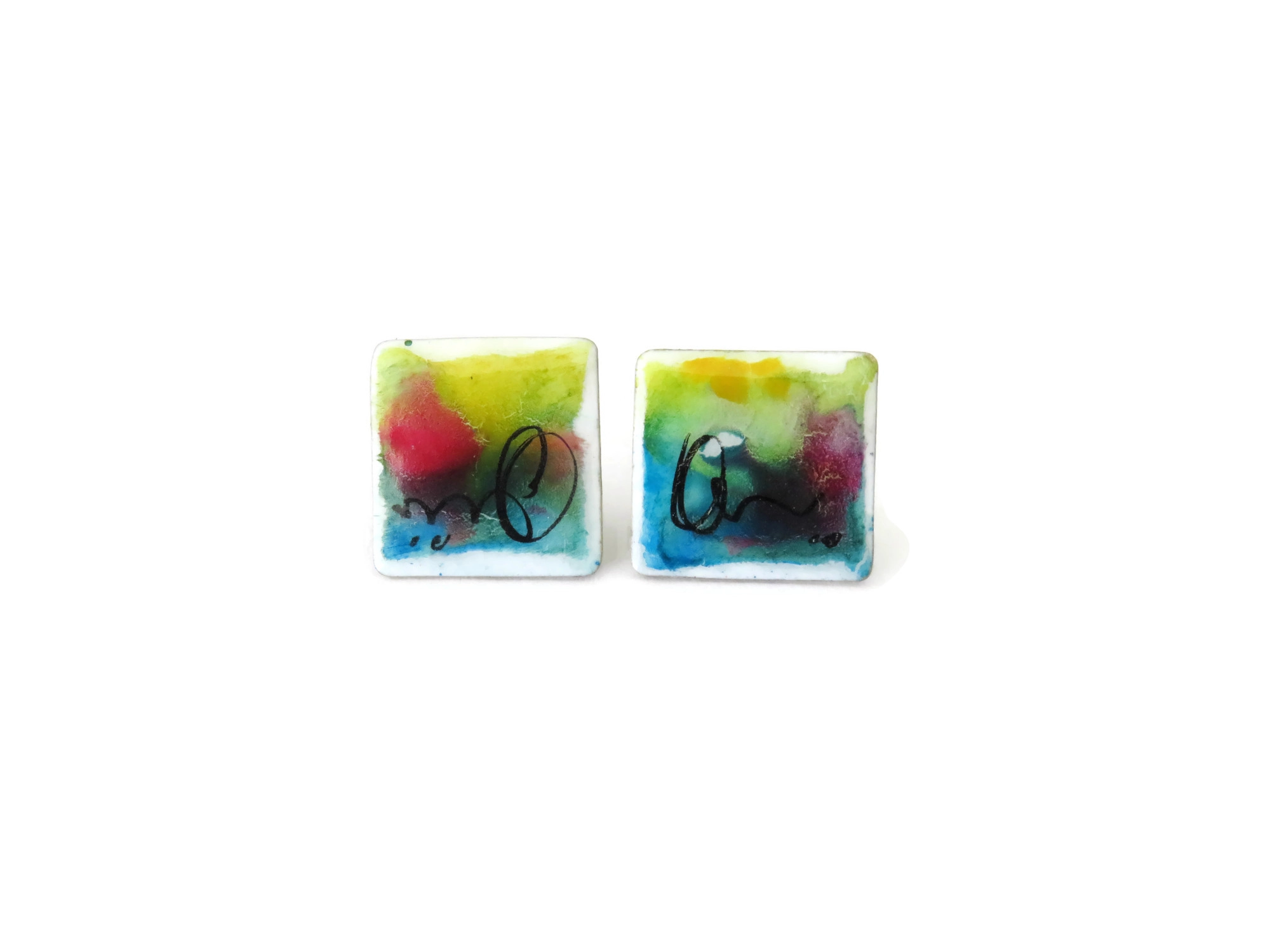 Hand Painted Enamel Square Stud Earrings
