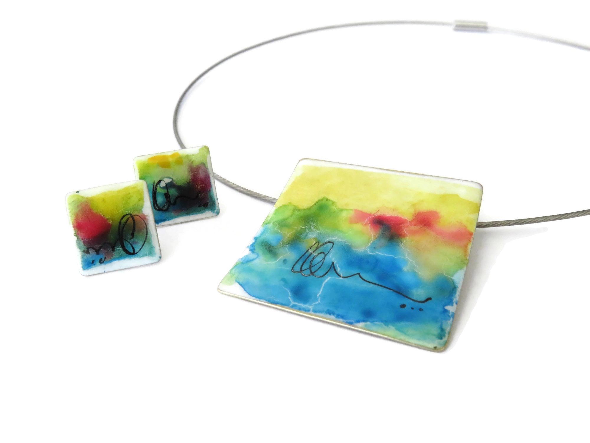 Hand Painted Square Enamel Pendant