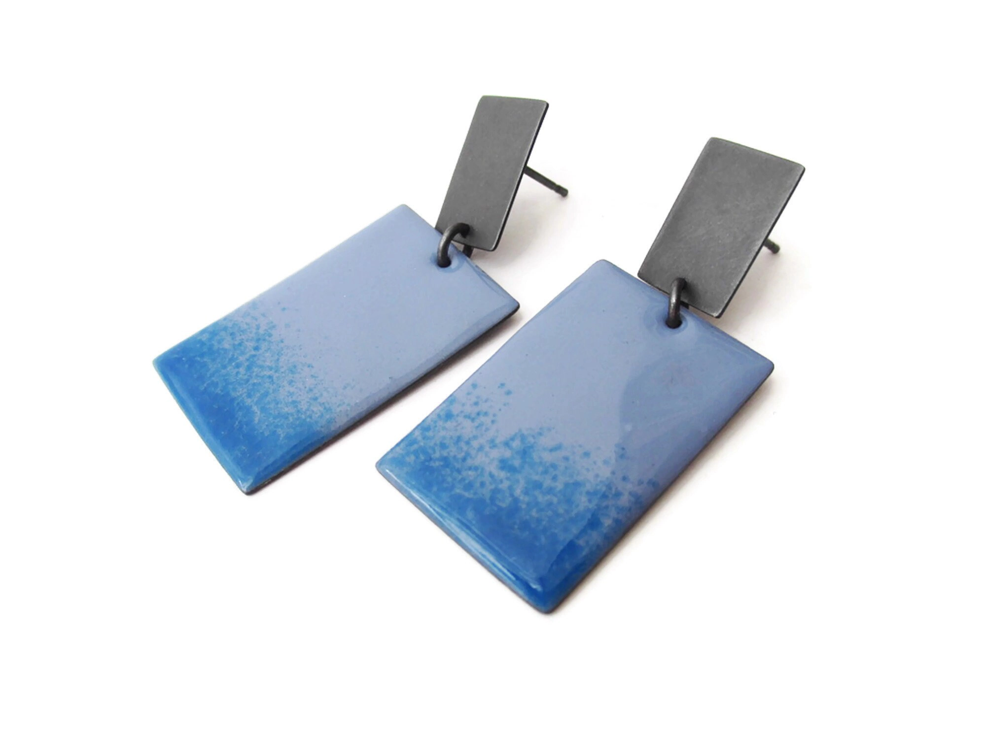 Blue Enamel Drop Oxidized Silver Earrings