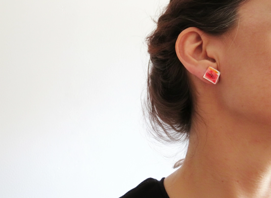 Square Red Enamel Stud Earrings