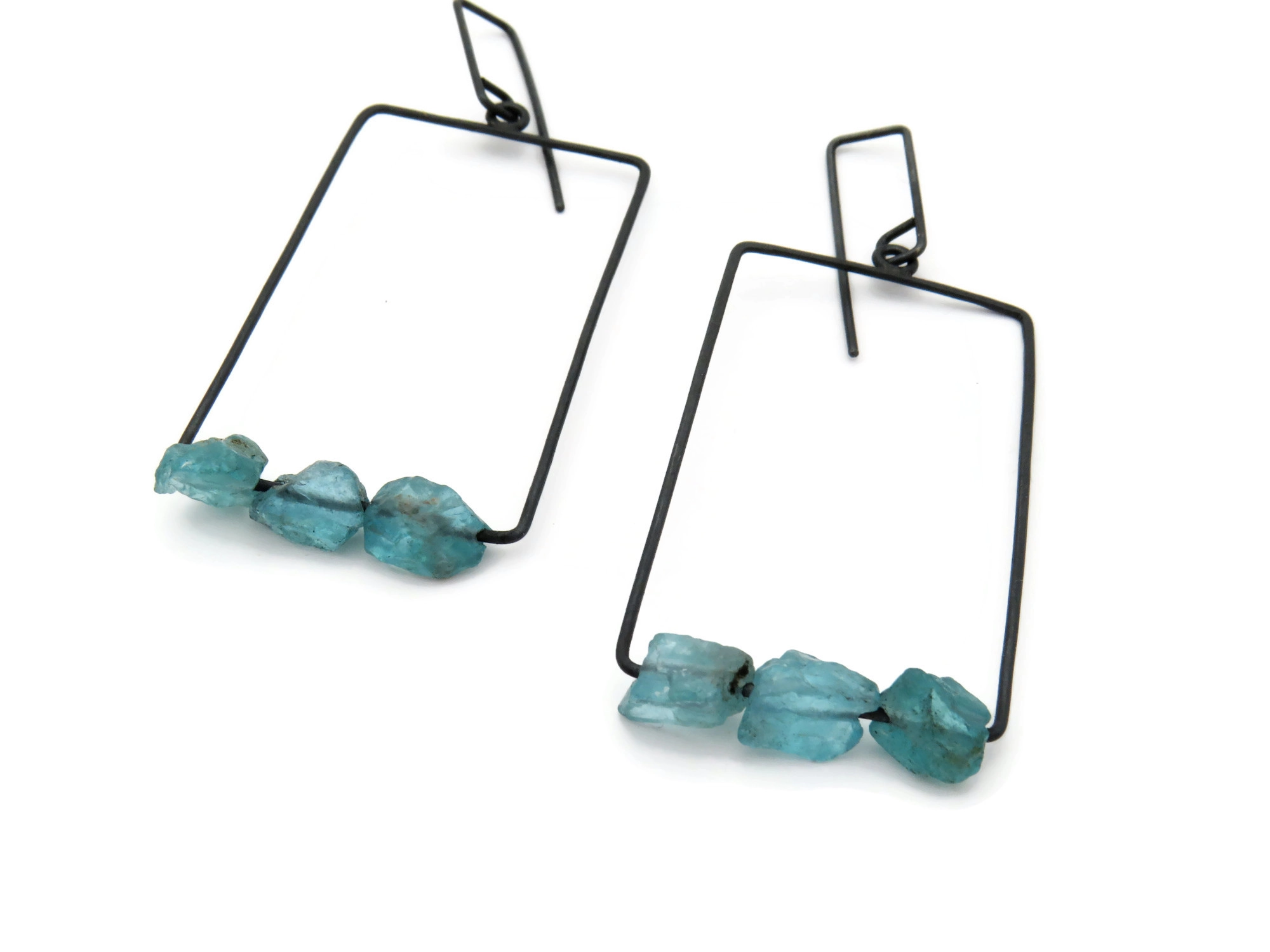 Raw Aquamarine Oxidized Silver Earrings