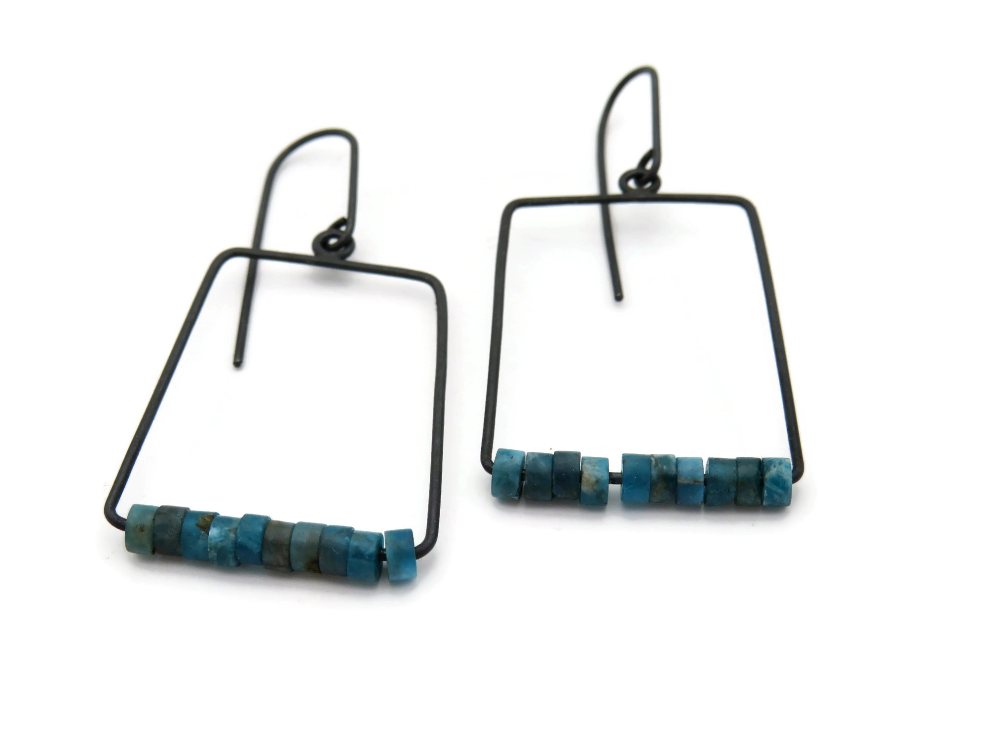 Geometric Oxidized Silver Earrings with Apatite