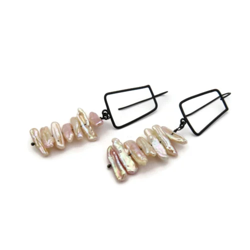 Biwa Pearl Long Earrings in Oxidized Silver