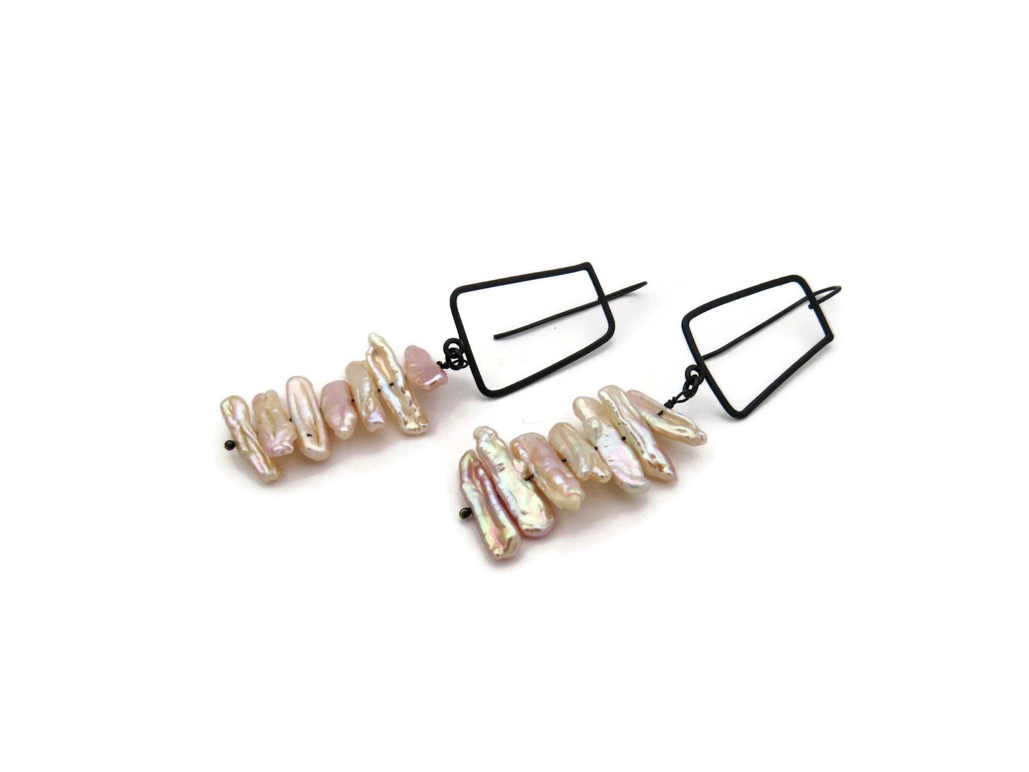 Biwa Pearl Long Earrings in Oxidized Silver