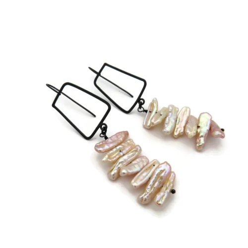 Biwa Pearl Long Earrings in Oxidized Silver