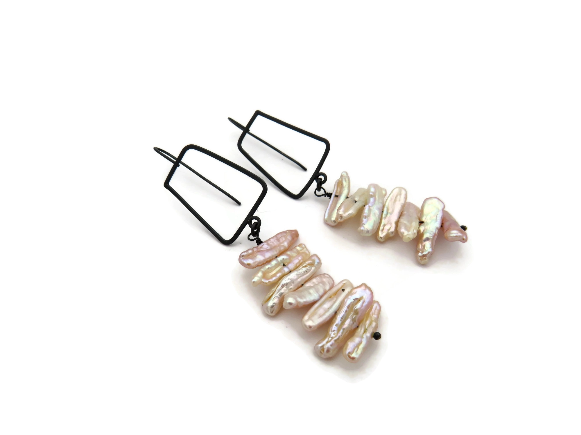 Biwa Pearl Long Earrings in Oxidized Silver