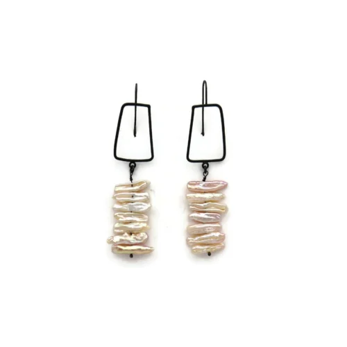 Biwa Pearl Long Earrings in Oxidized Silver