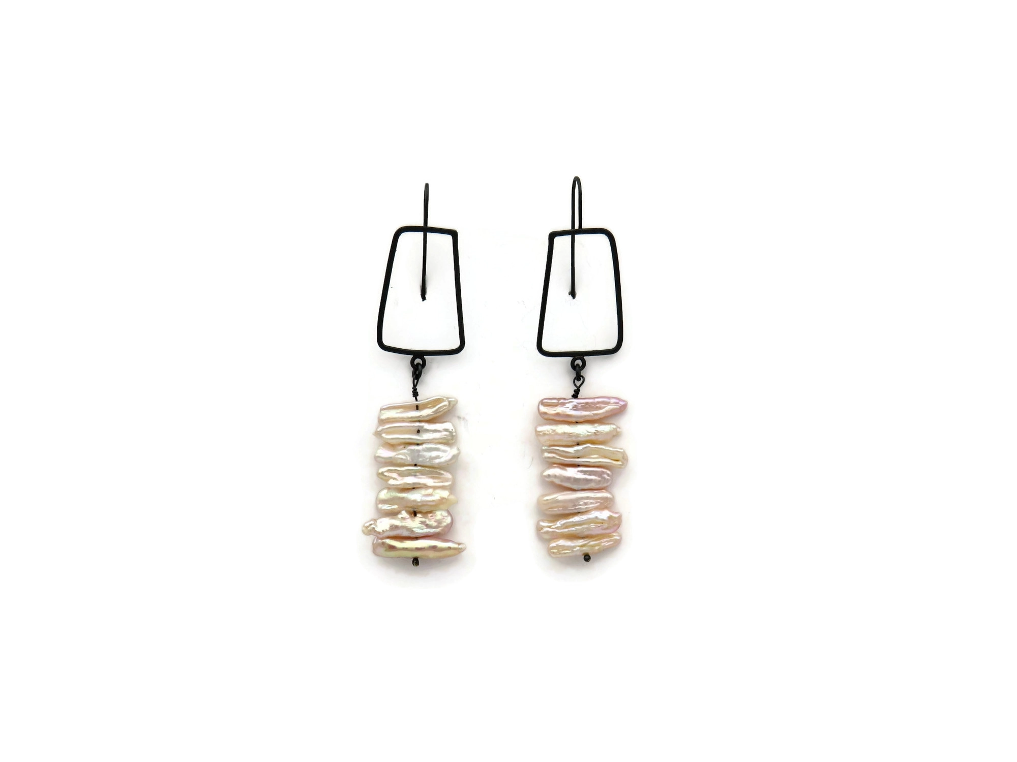 Biwa Pearl Long Earrings in Oxidized Silver