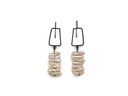 Biwa Pearl Long Earrings in Oxidized Silver