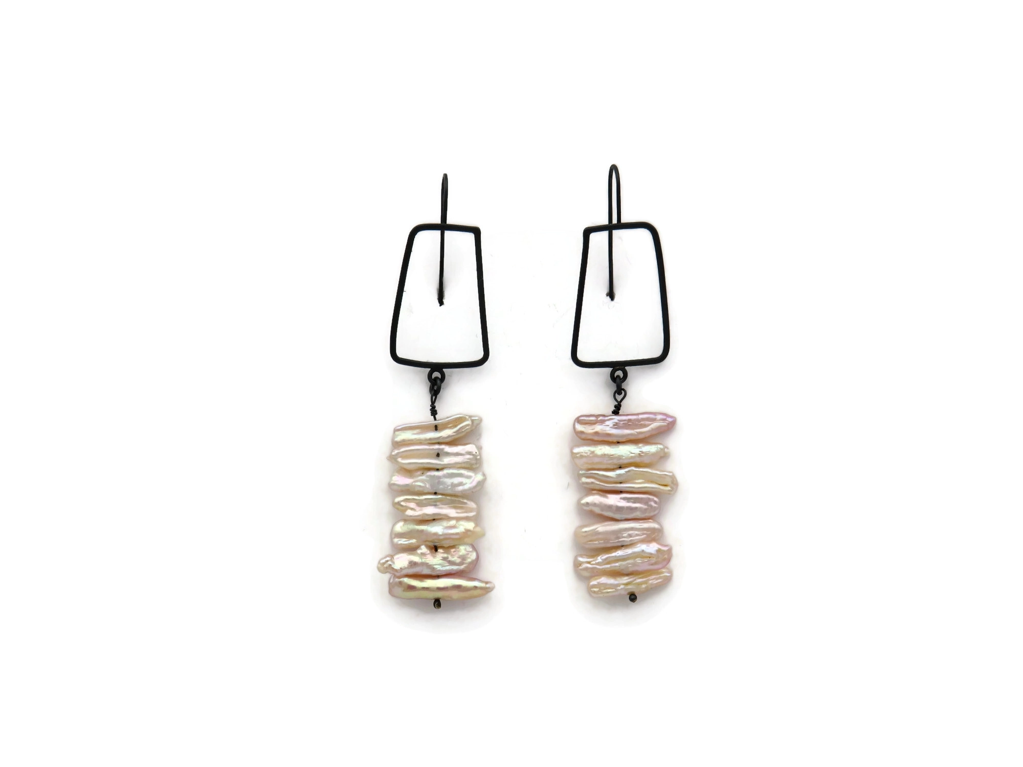 Biwa Pearl Long Earrings in Oxidized Silver